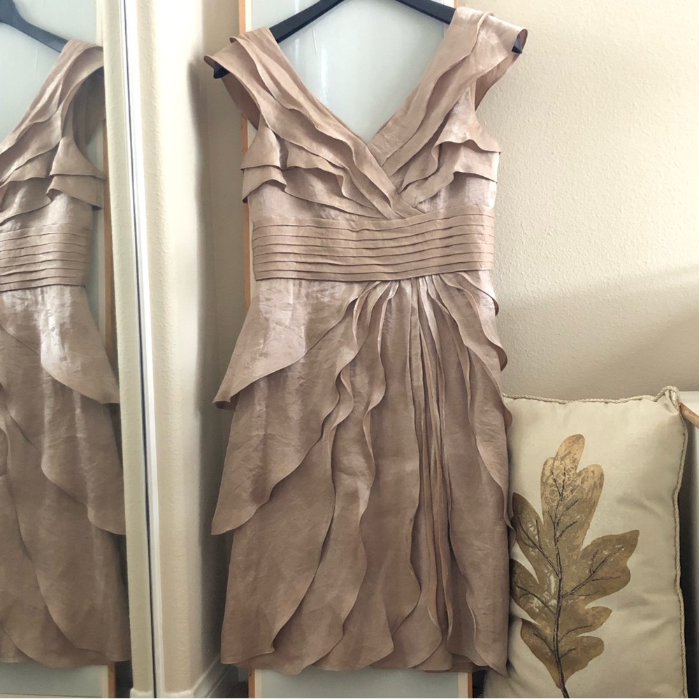 London Times Champagne Metallic Ruffle Dress, SIZE 10